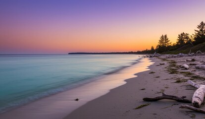 Tranquil beach scene with sunset sky, ocean, sand, trees and driftwood.