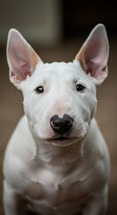 Bull Terrier Puppy Portrait &ndash; Close-Up of White Dog with Unique Egg-Shaped Head