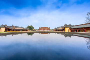 Naklejka premium view of the Imperial City with the Purple Forbidden City within the Citadel in Hue, Vietnam. Imperial Royal Palace of Nguyen dynasty. Travel and landscape concept