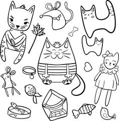 Obraz premium Vector illustration. Collection cats with items for cats in doodle style. 