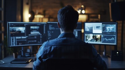 Man Working Late at Night Analyzing Data on Multiple Computer Screens in Modern Office