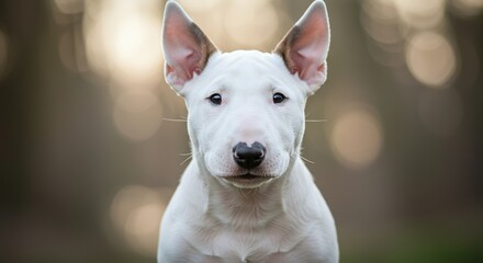 Bull Terrier Puppy Portrait &ndash; Close-Up of White Dog with Unique Egg-Shaped Head