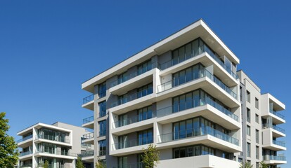 Modern apartment building architecture against a clear blue sky.