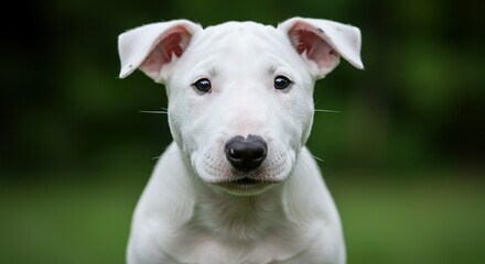 Bull Terrier Puppy Portrait &ndash; Close-Up of White Dog with Unique Egg-Shaped Head