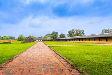 view of the Imperial City with the Purple Forbidden City within the Citadel in Hue, Vietnam. Imperial Royal Palace of Nguyen dynasty. Travel and landscape concept