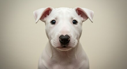 Obraz premium Bull Terrier Puppy Portrait – Close-Up of White Dog with Unique Egg-Shaped Head
