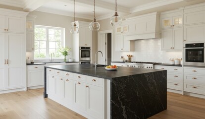 Bright, spacious kitchen with island, white cabinets and marble countertops.