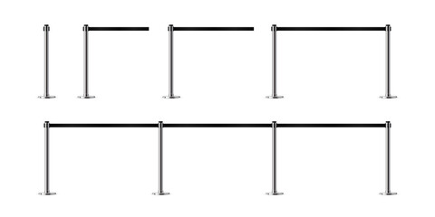 Belt barriers with stanchions and black ropes. Set of security control metal pole posts. Airport entry rails, zone chrome dividers, vip barricades. Realistic vector illustrations.