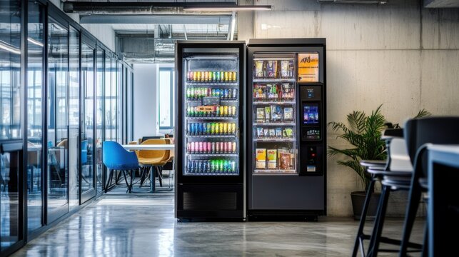 Modern vending machines in a bright office space with colorful drink and snack options showing convenience and accessibility