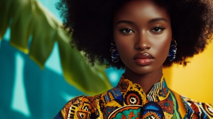 Fototapeta premium Striking Portrait of a Young Woman with Afro Hairstyle and Vibrant Fashion in Colorful Setting