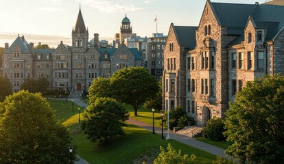 Naklejka premium Exterior shot of ornate stone buildings on a campus at sunrise/sunset.