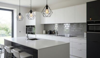 Modern kitchen with island, white cabinets, and black accents.