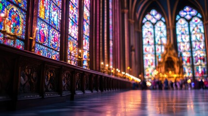 Stunning Gothic Cathedral Interior with Colorful Stained Glass Reflections