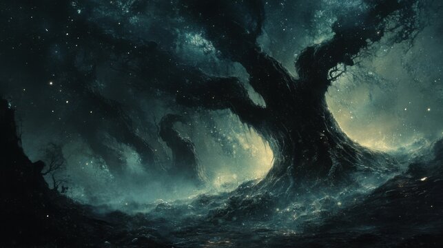 Mysterious ancient tree in a dark, foggy forest under a starry night sky with ethereal glowing lights