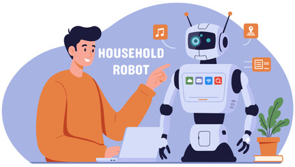 Man programming household robot. Colorful minimalist flat design illustration