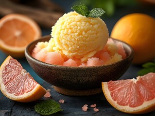Zesty Citrus Delight: A tantalizing close-up of a refreshing citrus dessert, showcasing vibrant hues.