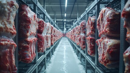 Shelves filled with packaged meat are seen in a cold storage area of a logistics warehouse, emphasizing temperature control and organized inventory management.
