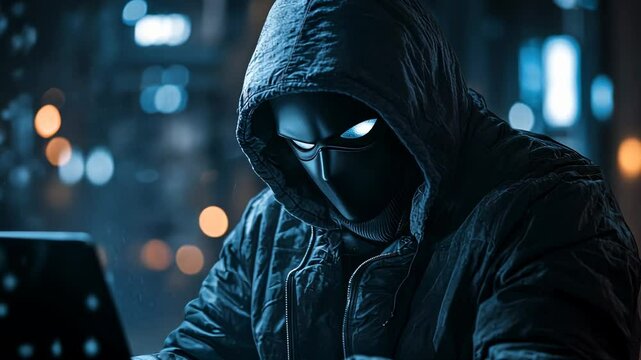 Mysterious Hacker in Dark Hoodie Using Laptop at Night in Urban Setting