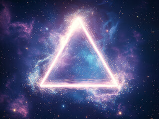Mystical energy triangle floating in space with vibrant blue and purple nebula
