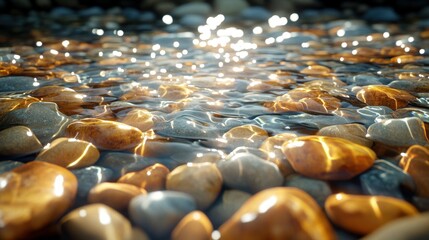 Obraz premium Sparkling pebbles beneath clear water. Sunlight streams through the shallows, illuminating colorful stones