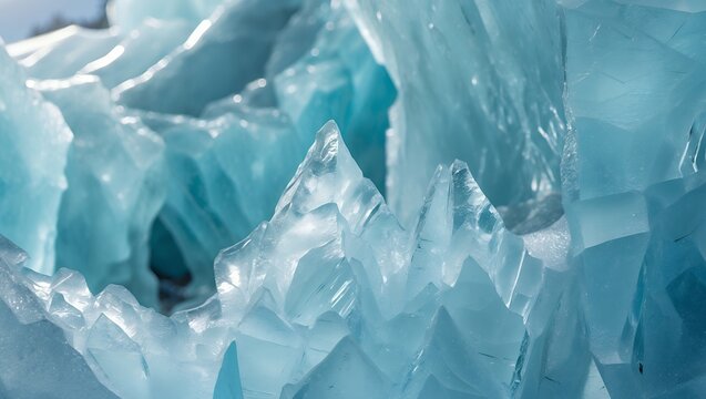 Sharp, blue ice formations shimmering in natural light creating jagged edges