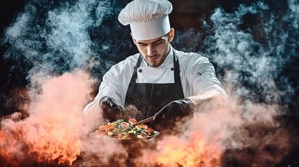 Culinary action chef cooking vibrantly colored dish in smoke-filled kitchen captivating food preparation scene