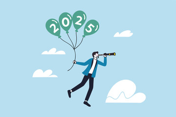 Year 2025 vision, achievement or plan for success, career target or economic forecast, aspiration to work success, new year resolution concept, businessman flying with 2025 balloons with telescope.