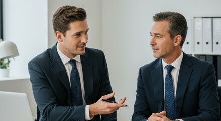 Fototapeta premium Two caucasian male businessmen discussing work in office setting.