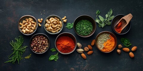 Assorted nuts herbs and spices on dark background.
