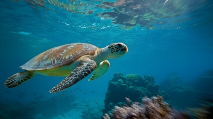 Obraz premium Close-up of a sea turtle swimming underwater