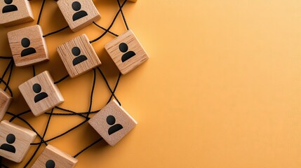 Wooden blocks linked by black lines with human icons on a yellow background illustrate a social network concept in a minimalist style