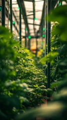 Fototapeta premium A lush green greenhouse full of thriving plants. The vibrant foliage thrives in controlled conditions. A high-tech sanctuary for growth and sustainability. Generative AI