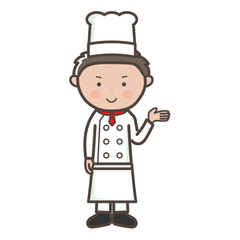 説明や案内をするイメージの若い男性コックさんの全身イラスト