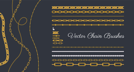 Vector chain brush samples. Trendy necklaces set. Golden and pearl chains. Minimalistic jewelry. 