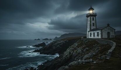 Dramatic view of a lighthouse on a rocky coast under a stormy sky.