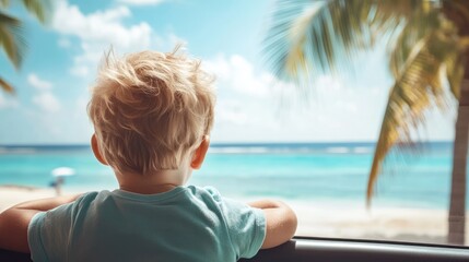 Fototapeta premium Child gazing at a serene beach view from a car window, with palm trees swaying in the gentle breeze