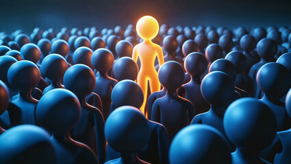 Obraz premium A digital 3D-rendered artwork featuring a crowd of abstract humanoid figures. Most figures are dark and illuminated by cool blue, In the center, one figure glows with a vibrant golden-orange light.