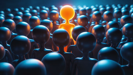 Obraz premium A digital 3D-rendered artwork featuring a crowd of abstract humanoid figures. Most figures are dark and illuminated by cool blue, In the center, one figure glows with a vibrant golden-orange light.