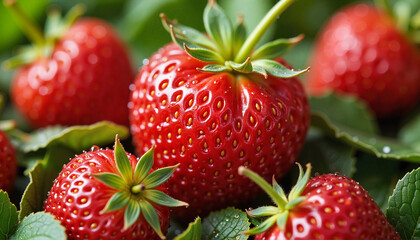Fresh ripe strawberries with glistening dew on green leaves, summer delight, Strawberry picking