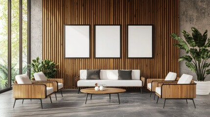 Fototapeta premium A contemporary office lounge with a wooden slat accent wall and empty poster frames ready for customization.
