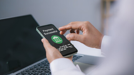 Payment successful concept, Online payment with digital marketing, Smart fintech service, Finance innovation technology online, Business Women use smartphone connecting online Banking applications.