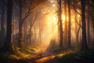 Fototapeta premium Golden hour sunlight streams through a mystical autumn forest, painting a path of magic and wonder with soft light and hazy atmosphere.