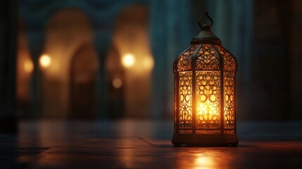 Intricate lantern casting warm ambient light in a serene setting