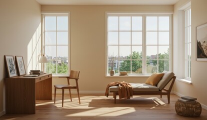 A bright, sunlit room with desk, chair, and daybed for relaxation and study.