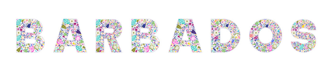 Country in the Caribbean Barbados island text design typography covered with a type of petal and a look of peacock.