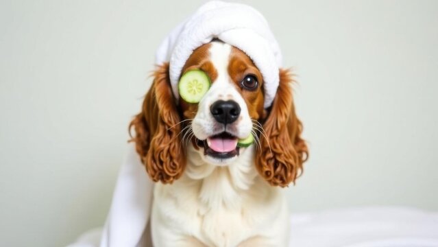 Spa day for a dog, Dog relaxing with cucumber slices and towel on a cozy bed at home while enjoying a pampering moment