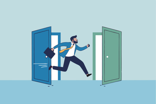 Change job, career transition or move to new opportunity, employee turnover, resignation or leave company, new job, employment, recruitment concept, businessman leave open door to new opportunity.