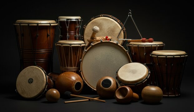 A group of percussion instruments are displayed on a dark background.