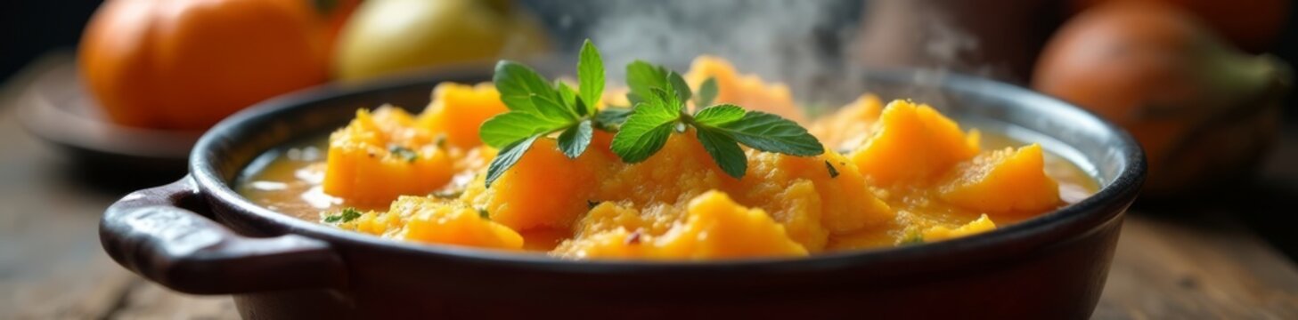 Steaming draniki with pumpkins and herbs in a traditional Ukrainian dish, flowers, pumpkins