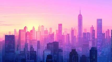 colorful city skyline at sunset with warm pink and purple hues. vibrant urban landscape, city architecture with skyscrapers. travel poster, illustration.